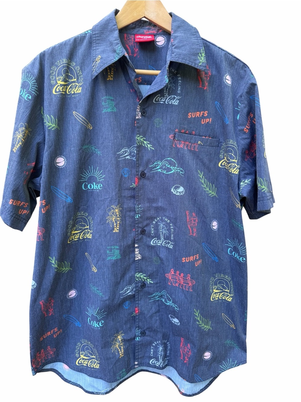 Coca Cola Blue Men’s size L Surf Graphic Button-Down Shirt